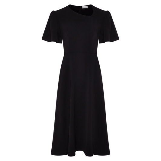 Black A-line Midi Dress with Asymmetric Neckline