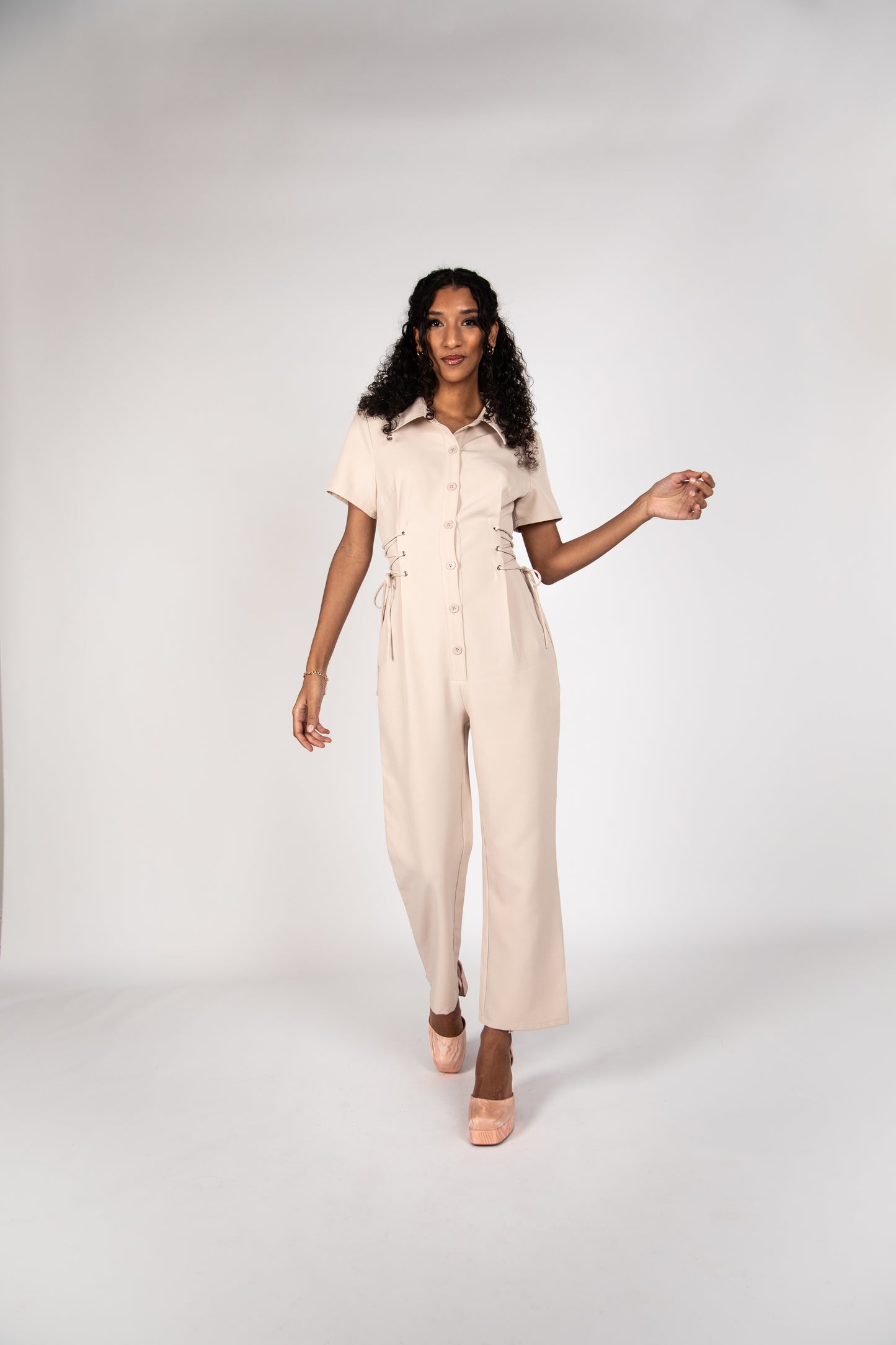 Nude Jumpsuit with Lace up Waist Detail