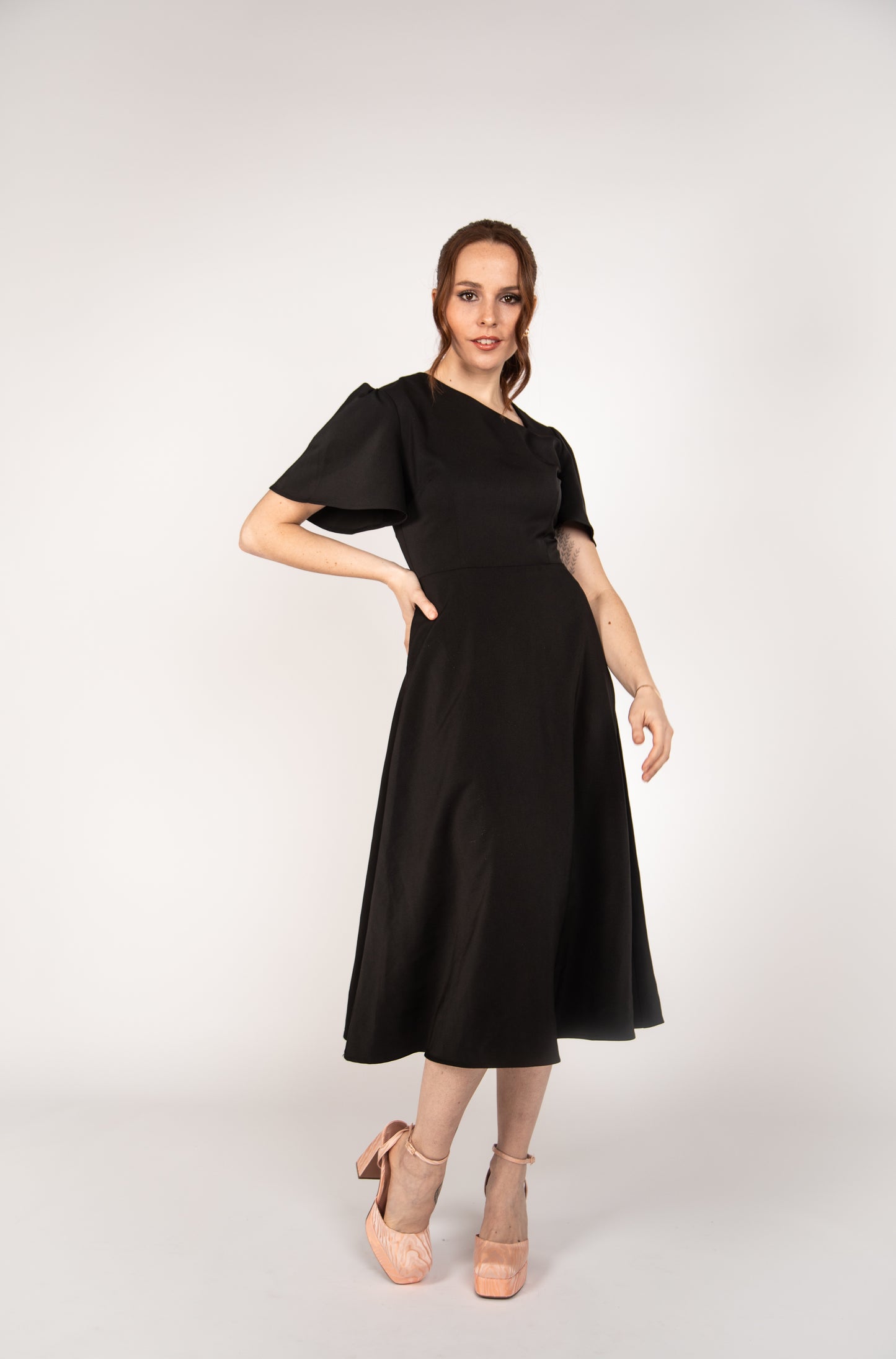 Black A-line Midi Dress with Asymmetric Neckline