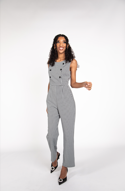 Dogtooth Jumpsuit with Button Detail